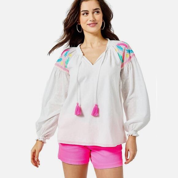 Lilly Pulitzer Florentina White Embroidered Peasant Top Size Medium - Picture 1 of 6